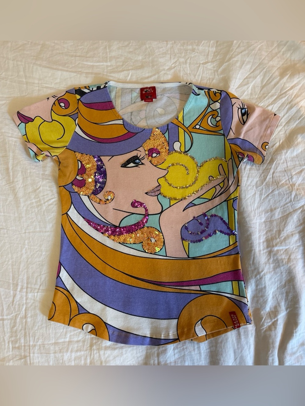 Miss Sixty Purple Yellow Multicolor Sequin Graphic Short Sleeve Tee